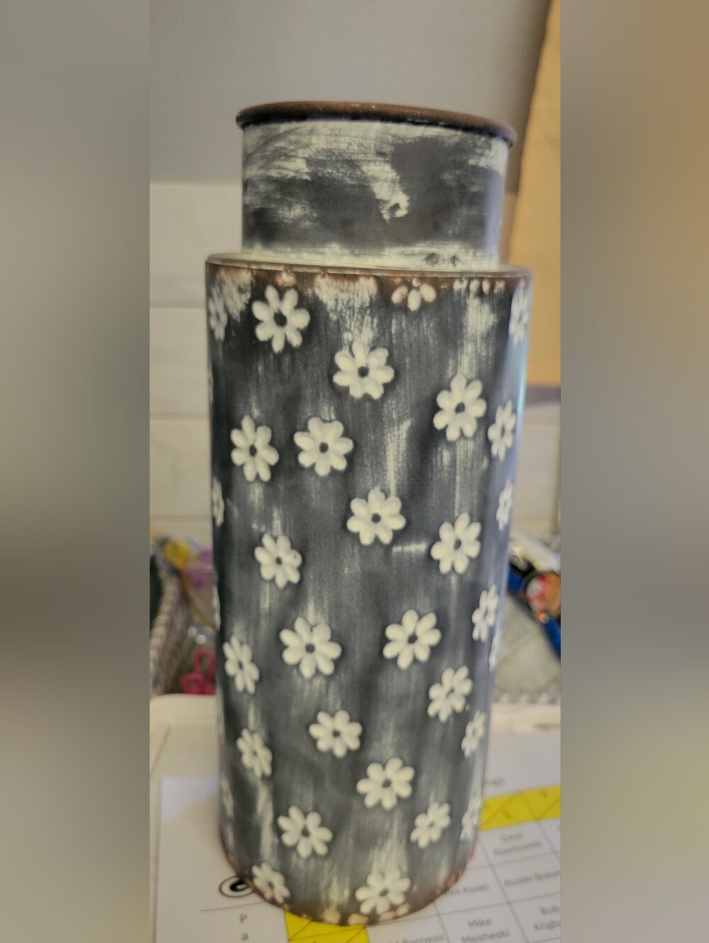 Black/Gray Whitewashed Floral Wayfair Galvanized Vase- 12"- NEW